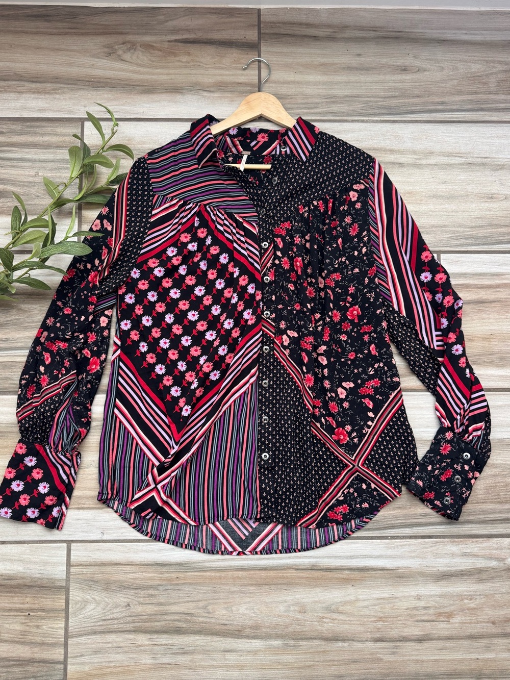 Freew People Hazel Black Pink Button Down Blouse M Floral Patchwork Boho